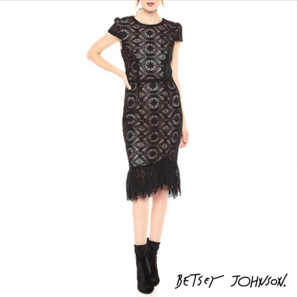 *SOLD* Betsey Johnson black lace ruffle hem sheath dress NWT